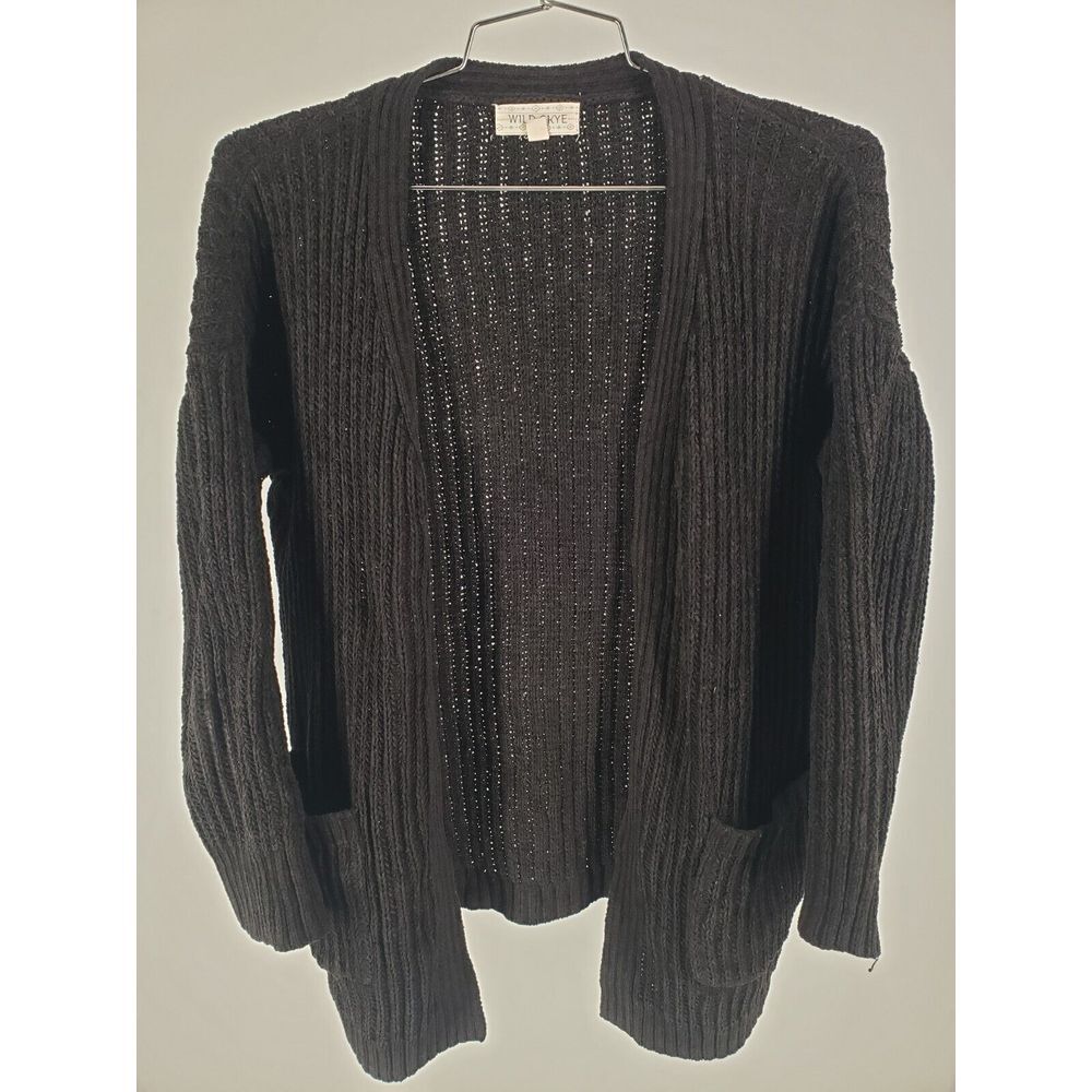 Wild Skye Sweater Womens Sz Large Classic Open Front Knit Pockets Cardigan Black